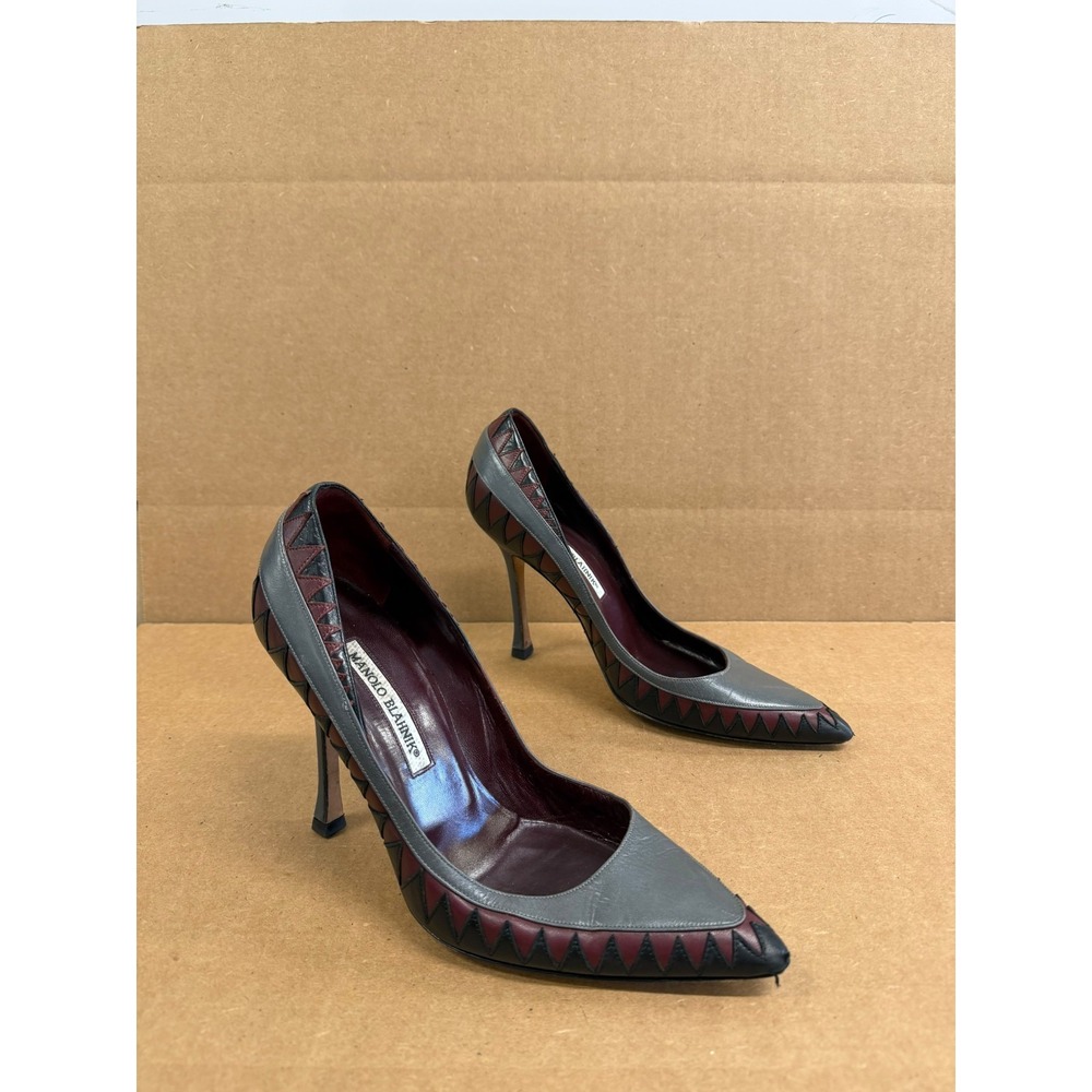 Manolo Blahnik BB Leather Pointed-Toe Stiletto Pumps Gray Multi Size 38 EU
